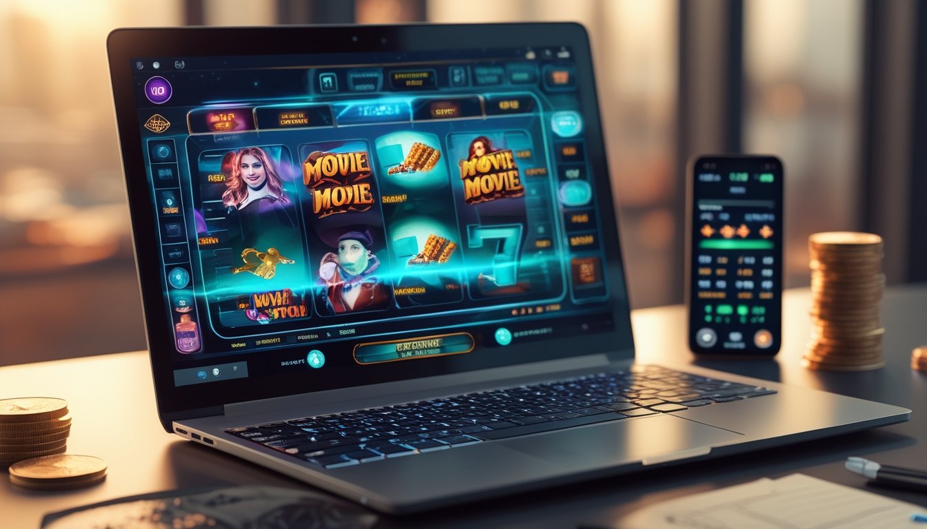 Meja kerja dengan laptop yang menampilkan permainan slot bertema film, tumpukan koin kecil, dan catatan strategi taruhan.