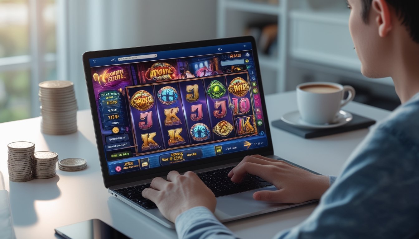 Seorang dewasa muda sedang bermain permainan slot online di laptop di ruang tamu dengan pencahayaan alami.