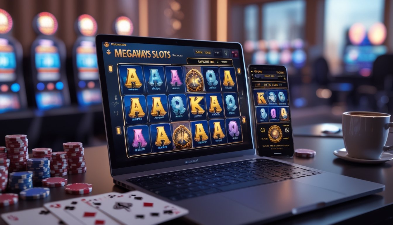 Seorang pemain menggunakan laptop dan ponsel untuk bermain mesin slot online dengan latar belakang suasana kasino yang samar.