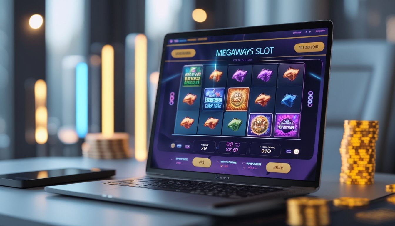 Seorang pengguna sedang bermain permainan slot Megaways di komputer dengan latar belakang suasana ruang kerja yang rapi dan pencahayaan hangat.