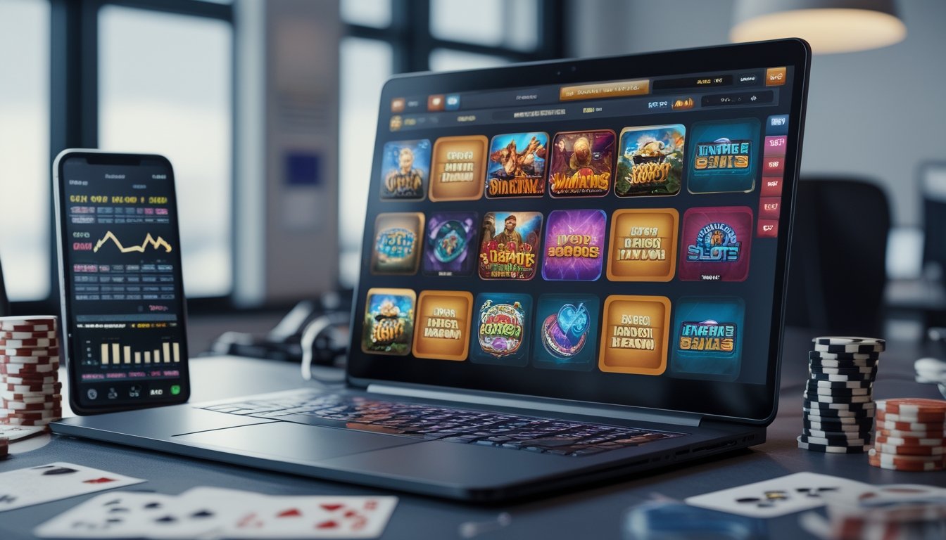 Seorang pria duduk di depan laptop dengan tampilan permainan slot online dan alat analisis di meja kerja.