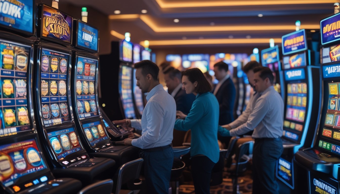Orang-orang bermain mesin slot bertema film dan Megaways di dalam kasino modern dengan suasana fokus dan penuh semangat.