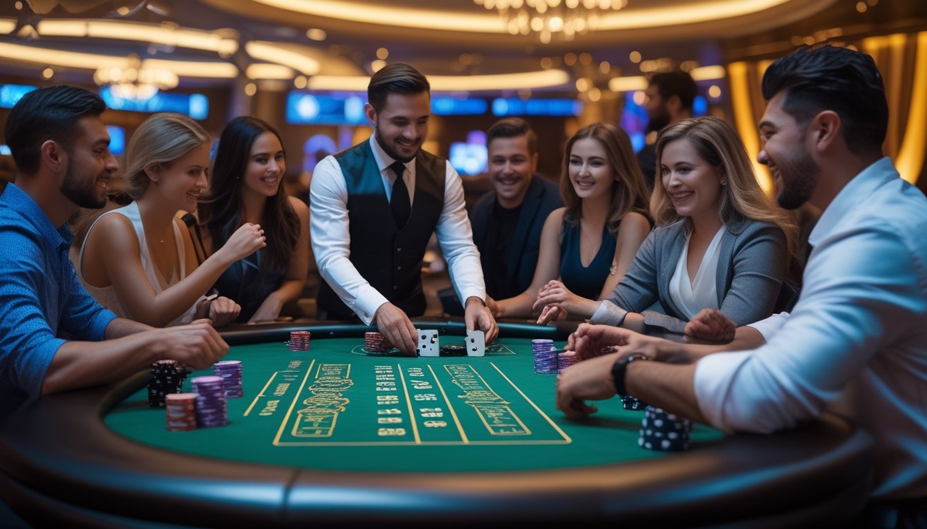 Meja kasino dengan dealer dan pemain yang sedang bermain Red Dog Poker dan Crapless Craps di suasana mewah.