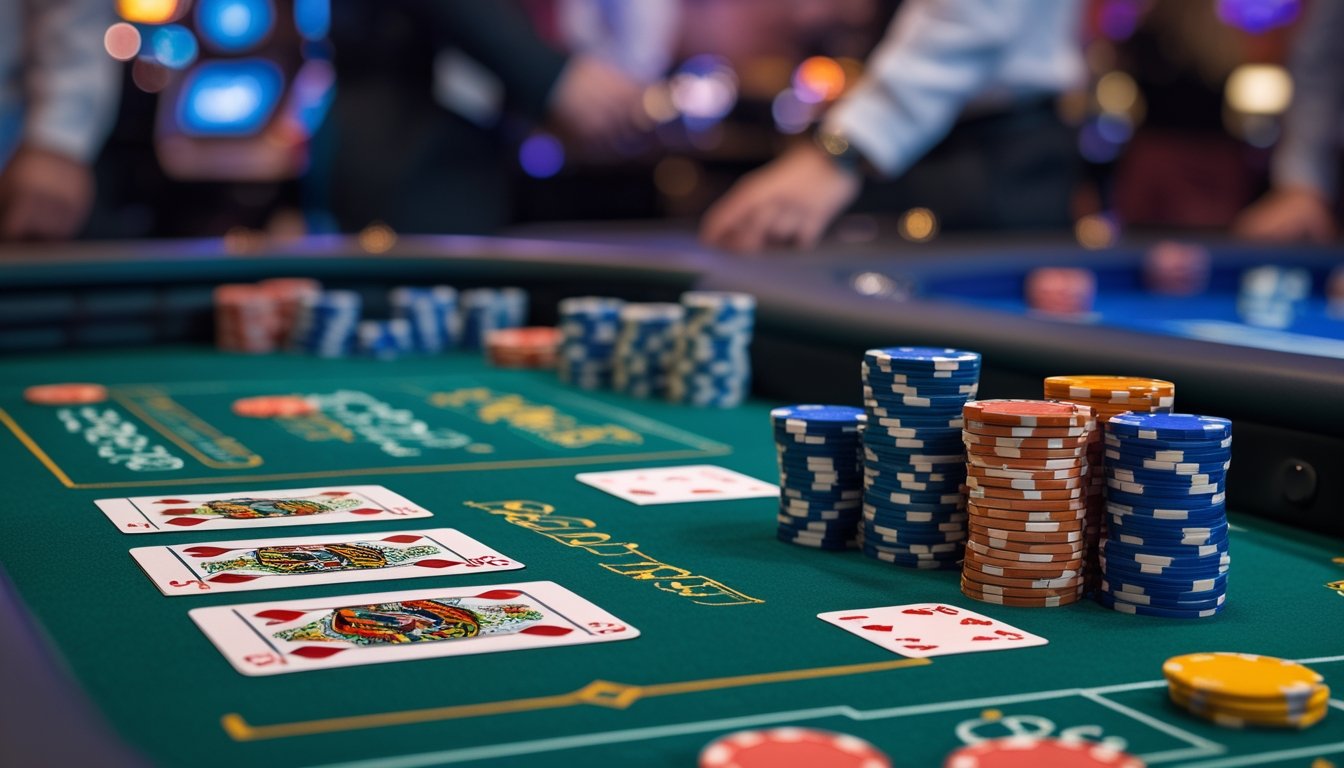 Meja kasino dengan permainan Red Dog Poker dan Crapless Craps, menampilkan chip poker, kartu, dan dadu dalam suasana kasino yang ramai.