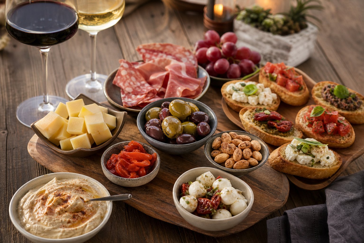 Verschiedene kleine Snacks wie Käse, Oliven, Trauben und Aufschnitt auf einem Holztisch neben einem Glas Wein.