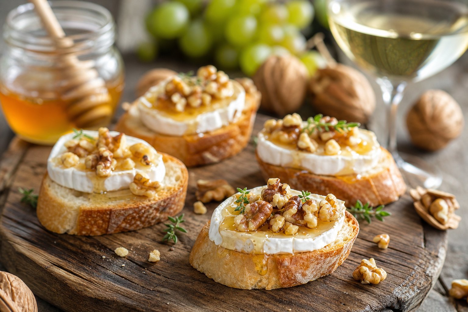 Ziegenkäse-Crostini mit Honig und Walnüssen auf einem Holzbrett, daneben ein Glas Weißwein.