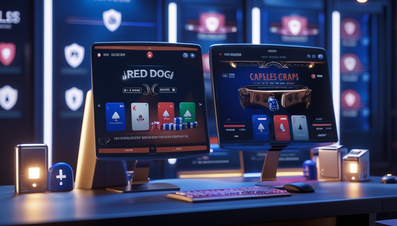 Suasana modern dengan layar digital menampilkan permainan poker dan dadu, menunjukkan chip dan dadu dalam gerakan di lingkungan taruhan online yang aman dan terpercaya.
