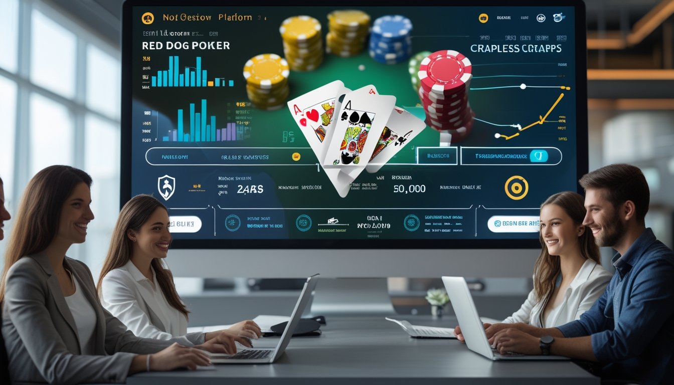 Sekelompok profesional muda sedang menggunakan platform taruhan online dengan tampilan permainan poker dan dadu di layar komputer di ruang kantor modern.