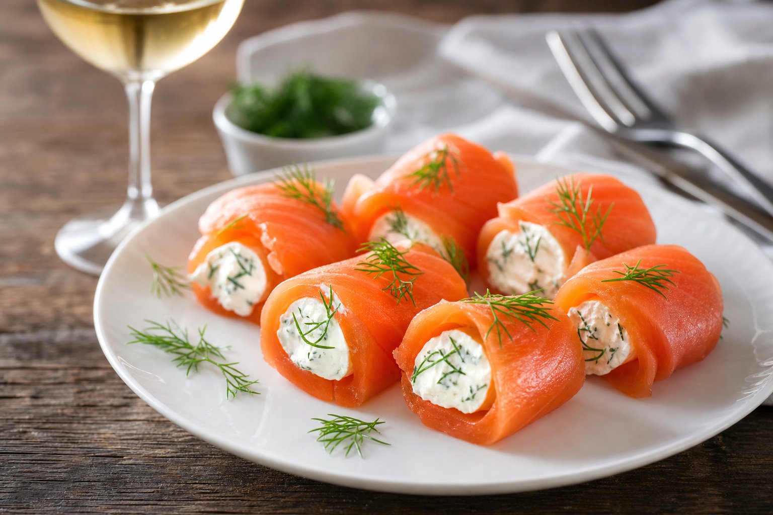 Vorspeise mit geräucherten Lachs-Röllchen gefüllt mit Frischkäse und Dill auf einem weißen Teller, auf einem Holztisch mit einem Glas Weißwein im Hintergrund.