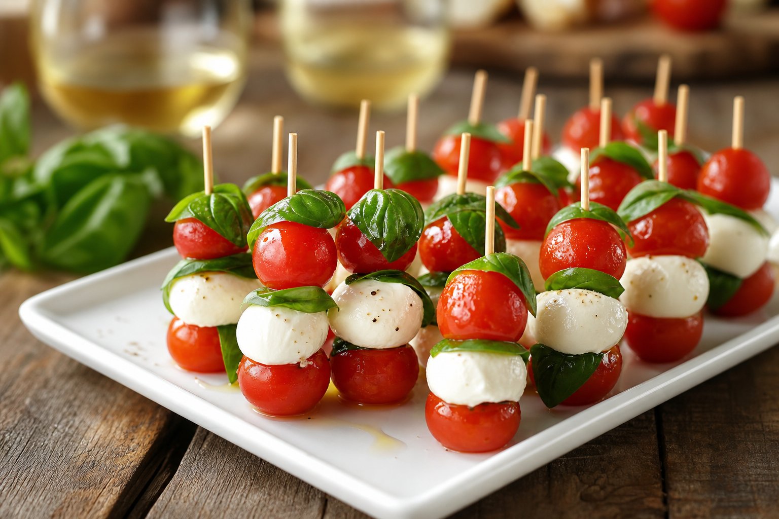 Caprese-Spieße mit Kirschtomaten, Mini-Mozzarella und Basilikum auf einem weißen Teller auf einem Holztisch.