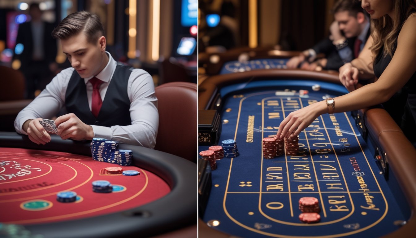 Seorang pemain muda berpakaian rapi sedang fokus bermain poker dan dadu di meja kasino dengan suasana yang menarik.