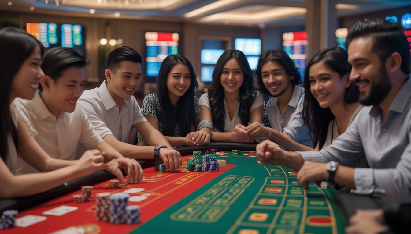 Orang-orang sedang bermain permainan Red Dog Poker dan Crapless Craps di meja kasino dengan suasana yang cerah dan ramah.