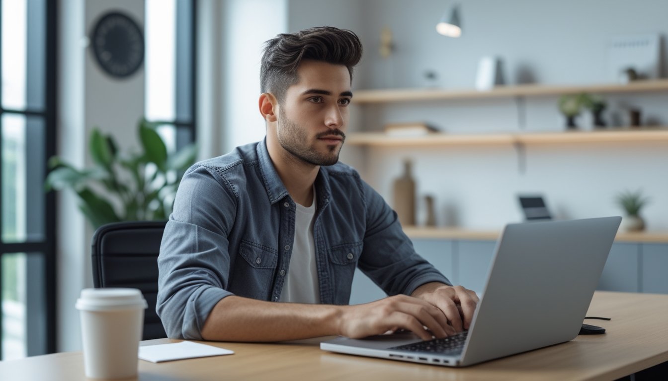Seorang pria muda duduk di meja dengan laptop di kantor modern, sedang fokus menggunakan komputer dengan latar belakang dekorasi minimalis.