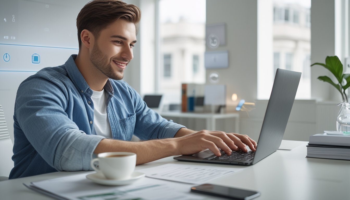 Seorang pria muda duduk di meja dengan laptop, sedang fokus mengisi formulir pendaftaran online di ruang kantor yang terang dan rapi.