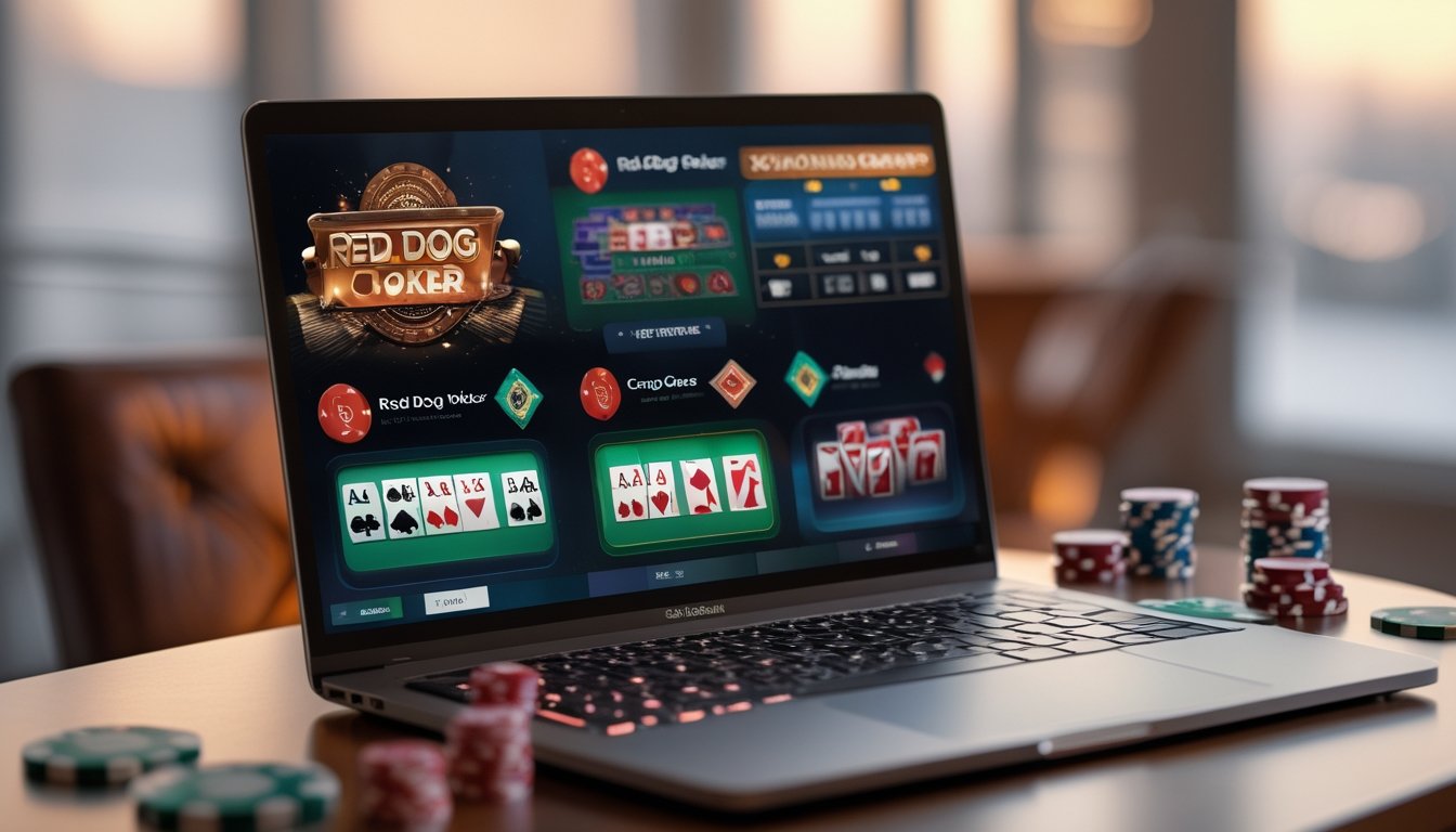 Sebuah laptop dengan permainan poker dan dadu di atas meja kayu, dikelilingi chip poker dan kartu remi.