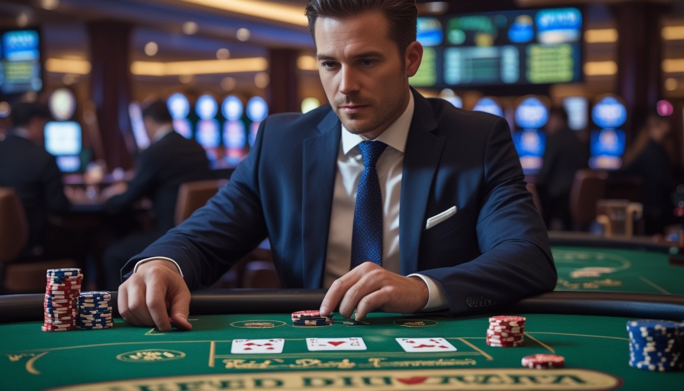 Seorang pria percaya diri bermain poker dan dadu di meja kasino dengan suasana kasino yang ramai.