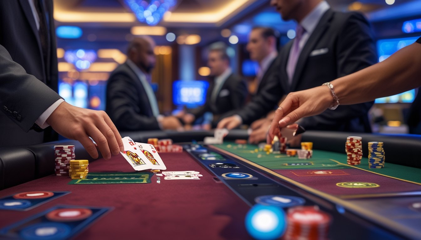 Suasana kasino dengan dealer membagikan kartu Red Dog Poker dan pemain sedang bermain Crapless Craps dengan dadu yang sedang dilempar.