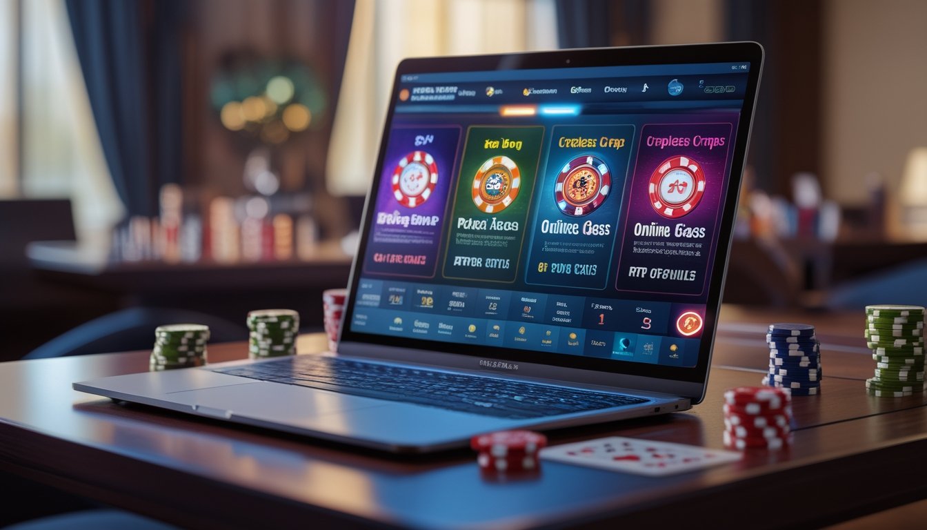 Suasana kasino modern dengan komputer menampilkan permainan poker dan dadu, dikelilingi chip dan kartu di atas meja kayu.