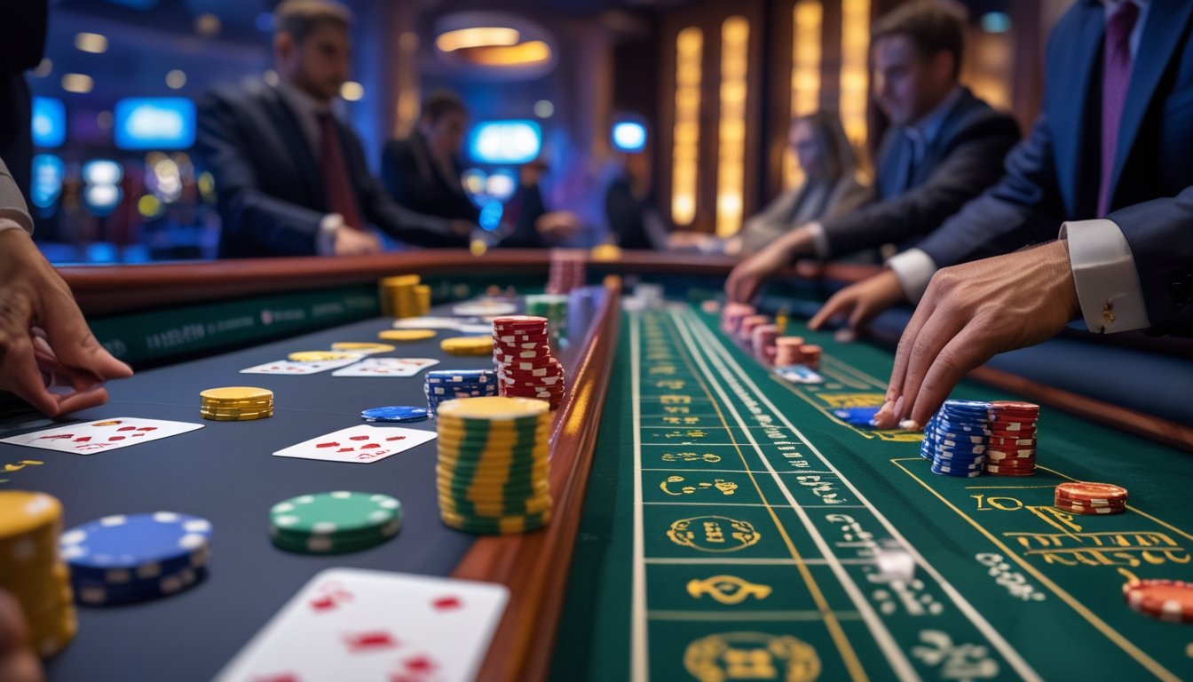 Meja kasino dengan kartu poker, chip warna-warni, dan dadu di atas meja taruhan, menggambarkan permainan Red Dog Poker dan Crapless Craps.