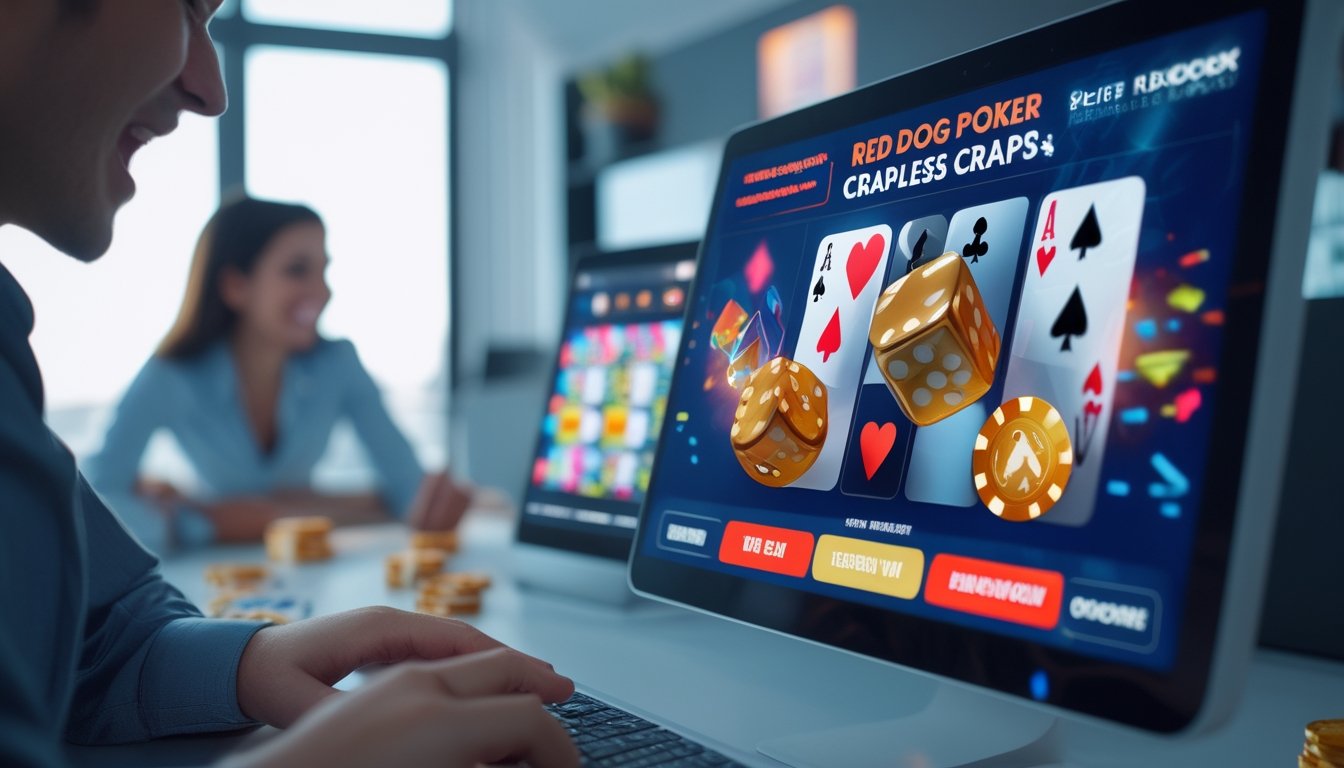 Seseorang menggunakan perangkat digital dengan tampilan permainan kartu Red Dog Poker dan dadu Crapless Craps di layar.