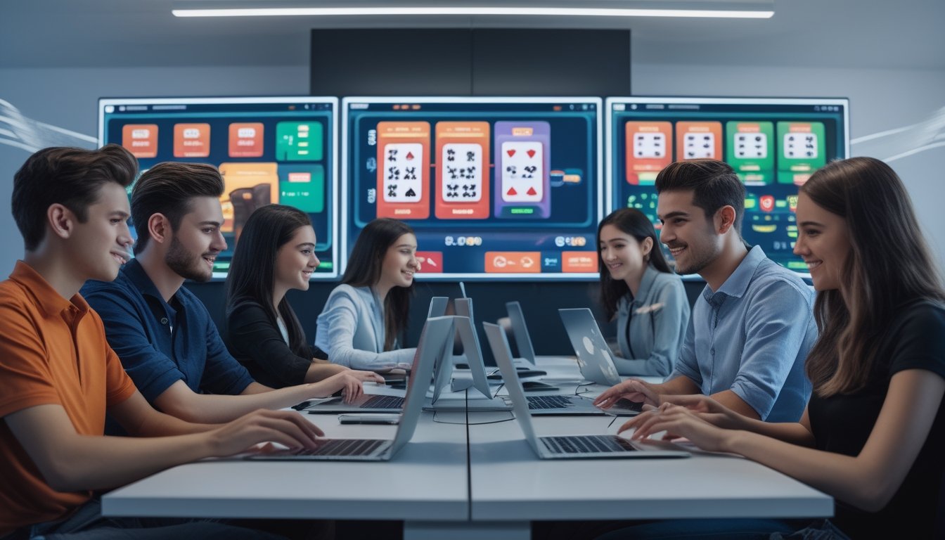Sejumlah orang muda menggunakan perangkat digital untuk bermain permainan poker dan dadu di sebuah ruang kerja modern.
