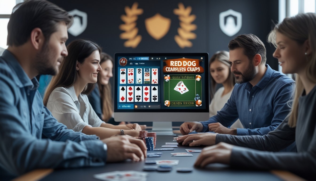 Orang dewasa bermain permainan poker dan dadu di meja dengan komputer dan chip taruhan, suasana tenang dan aman.