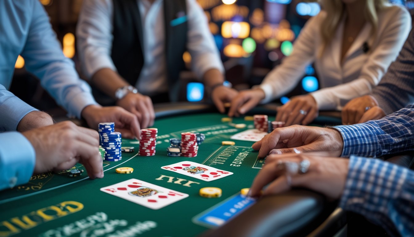 Meja kasino dengan pemain yang sedang bermain Red Dog Poker dan Crapless Craps, dengan kartu, dadu, dan chip taruhan di atas meja.