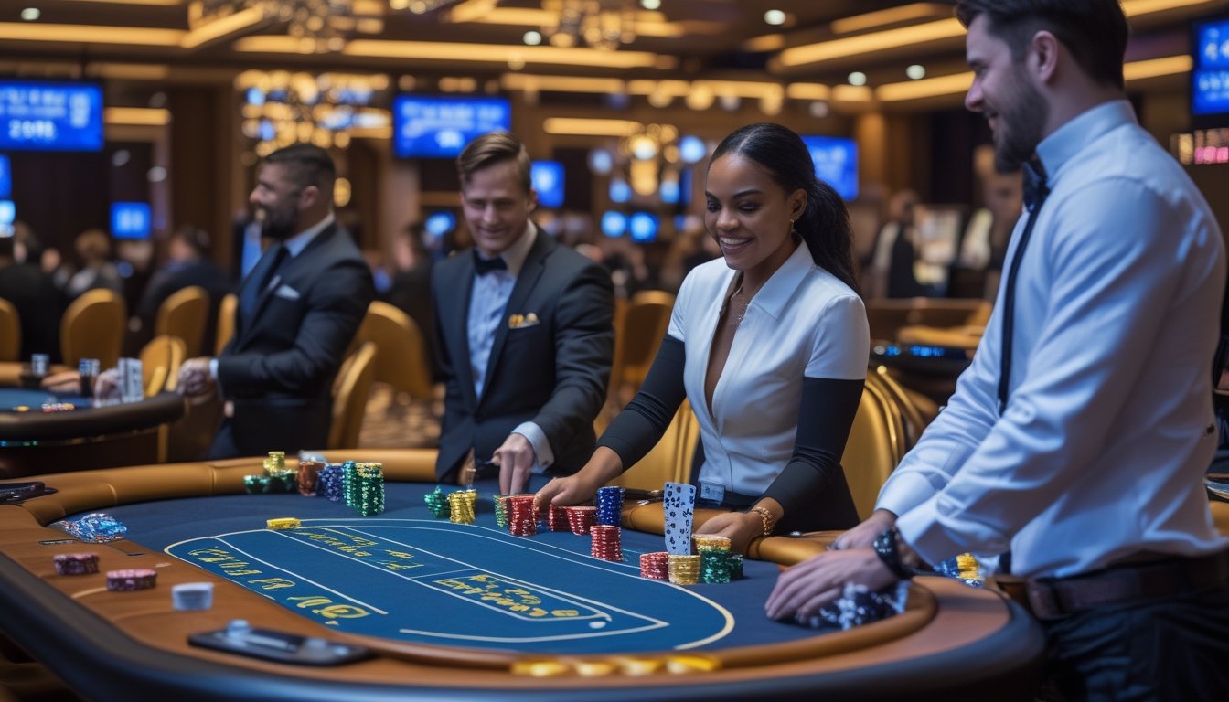 Suasana kasino langsung modern dengan meja poker dan permainan dadu, pemain dan dealer sedang bermain.