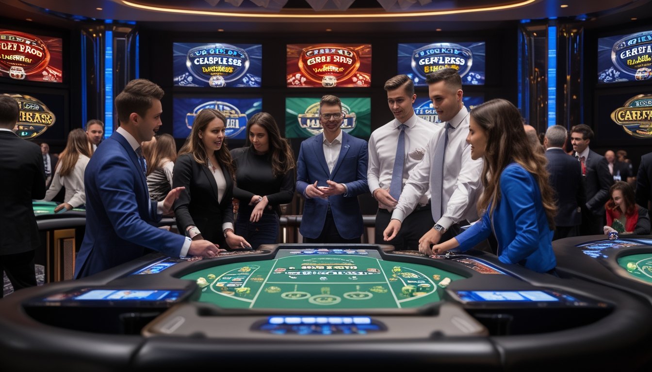 Suasana kasino langsung modern dengan pemain dan dealer yang sedang bermain Red Dog Poker dan Crapless Craps di meja permainan yang terang dan canggih.