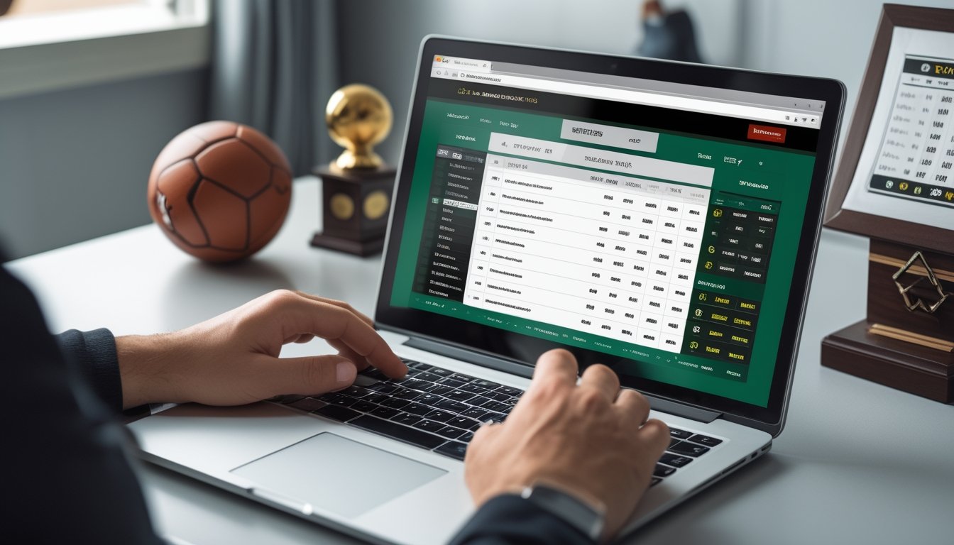 Seseorang menggunakan komputer dengan tampilan situs taruhan sepak bola online yang menunjukkan pilihan taruhan 1X2 dan odds lengkap.