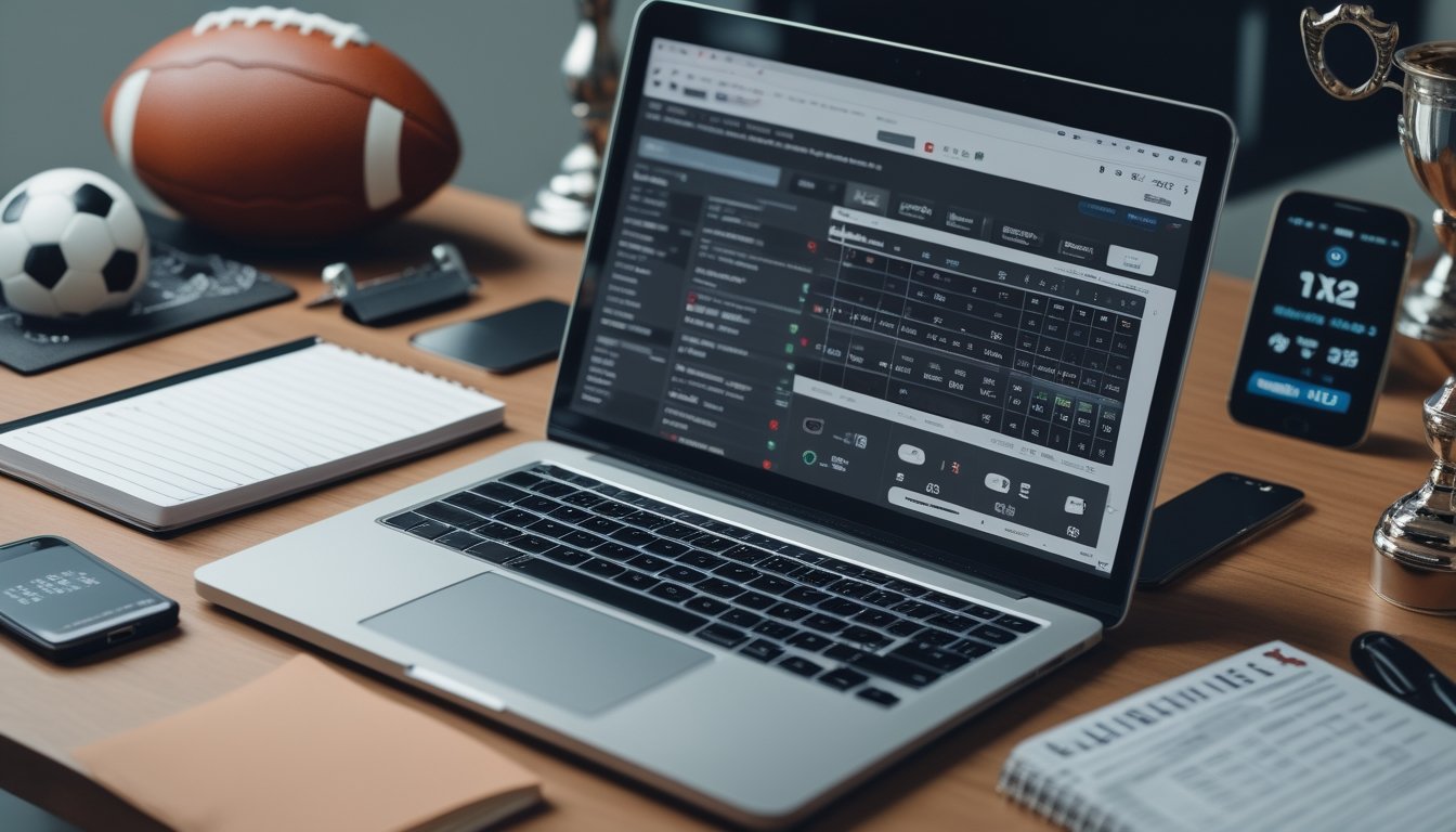 Meja kerja dengan laptop yang menampilkan antarmuka taruhan sepak bola 1X2, bola sepak, catatan strategi, dan ponsel dengan pembaruan taruhan langsung.