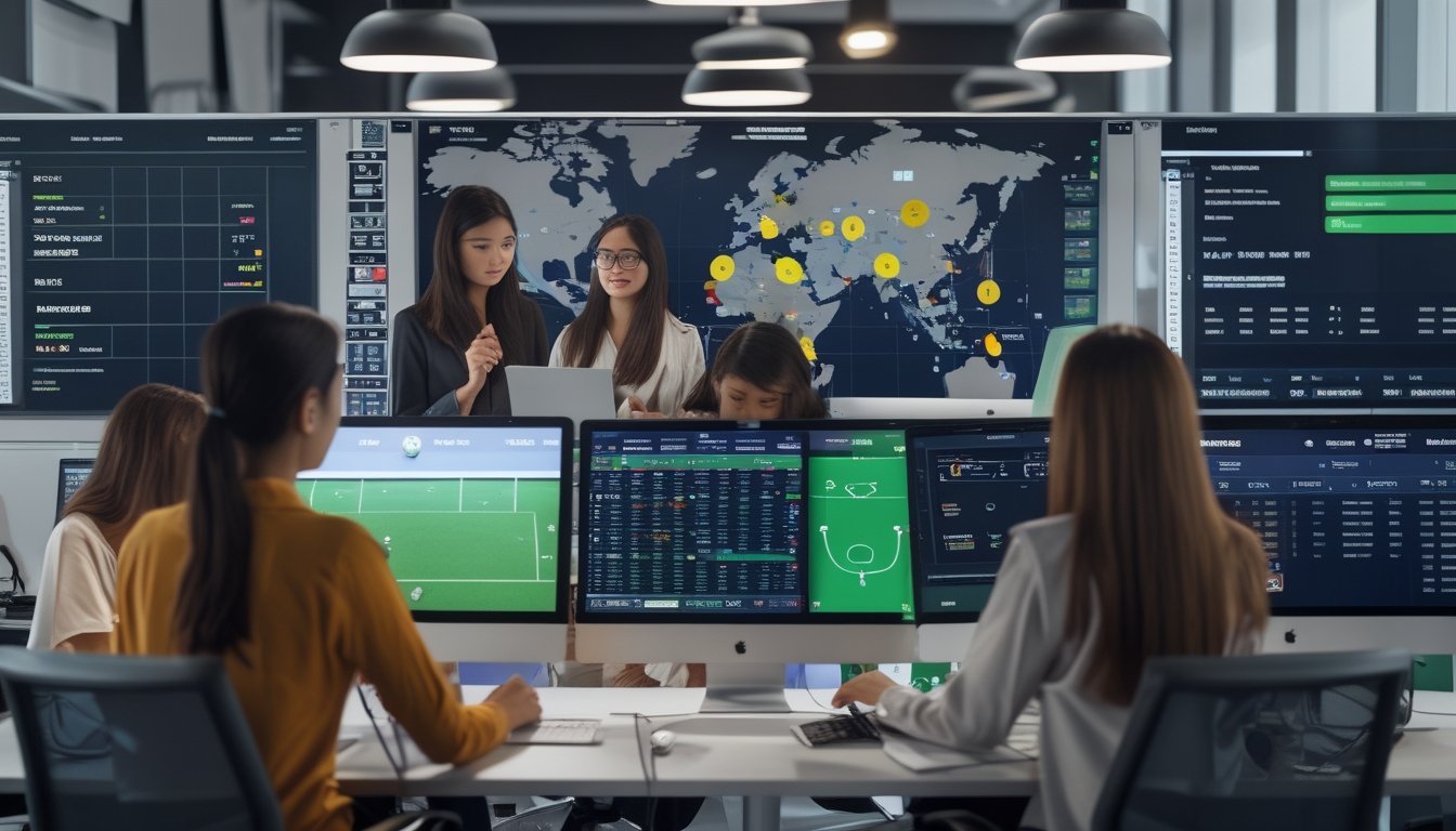 Orang-orang bekerja di kantor modern dengan komputer dan perangkat digital yang menampilkan data pertandingan sepak bola dan taruhan online.