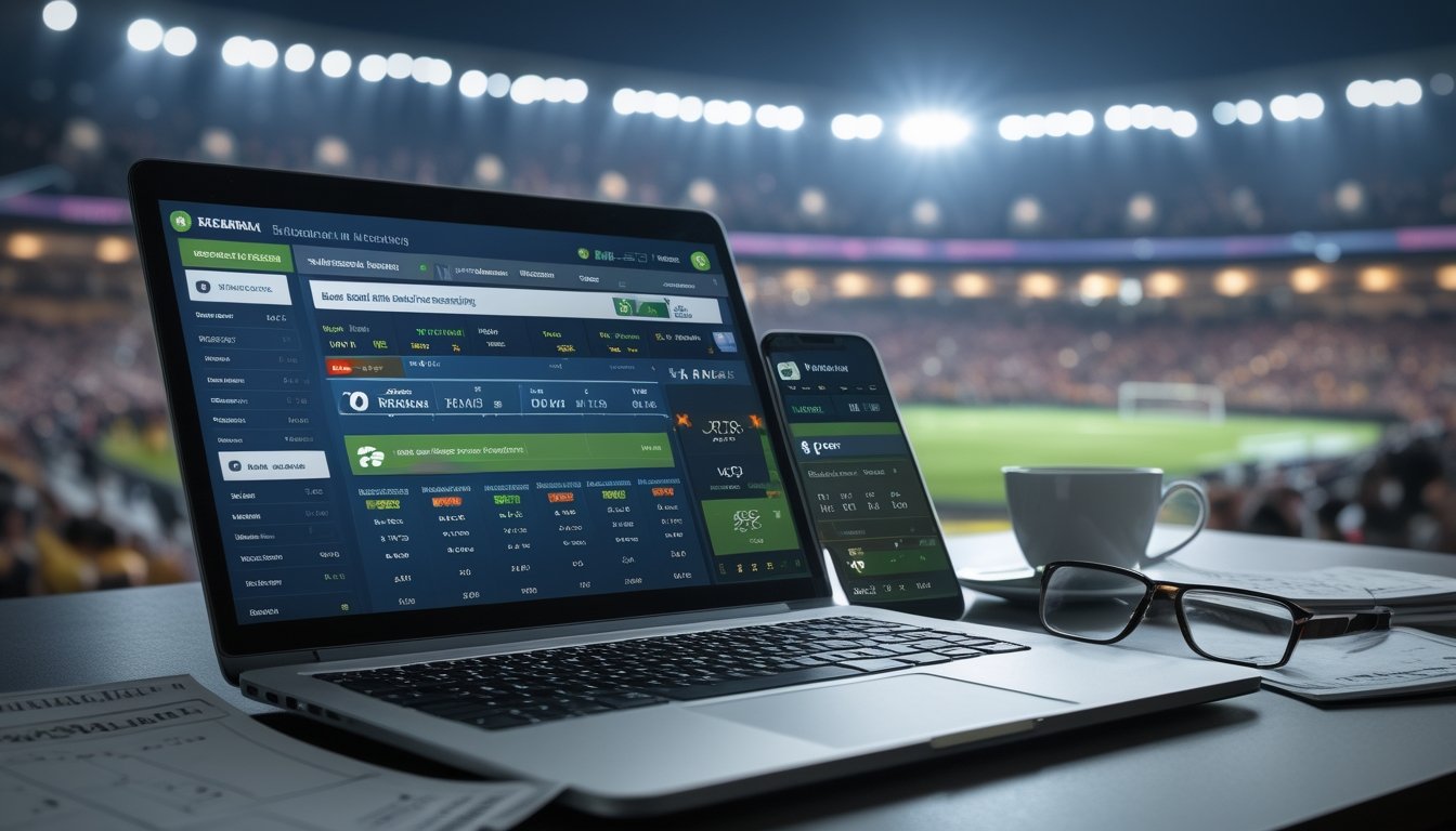 Seorang pengguna duduk di depan laptop dan ponsel yang menampilkan situs taruhan sepak bola, dengan latar belakang stadion sepak bola yang ramai.
