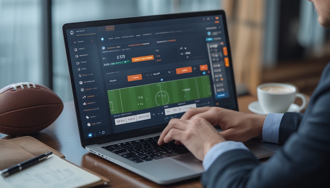 Seseorang sedang menggunakan komputer untuk memasang taruhan sepak bola online dengan fokus pada layar dan bola sepak di meja.