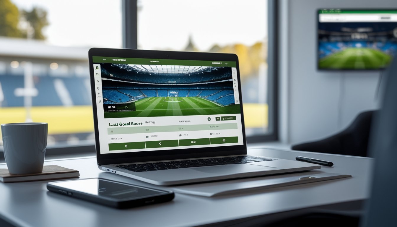 Seorang pria duduk di depan laptop dengan layar menampilkan situs taruhan sepak bola online, di meja terdapat ponsel, buku catatan, dan cangkir kopi.
