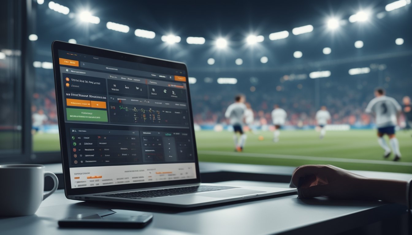 Seorang pengguna duduk di depan komputer dengan layar menampilkan antarmuka taruhan sepak bola online, latar belakang stadion sepak bola dengan pemain yang sedang bertanding.
