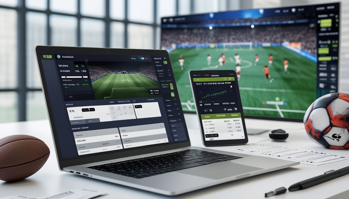 Orang menggunakan laptop dan perangkat digital dengan data pertandingan sepak bola dan prediksi skor gol terakhir di layar.