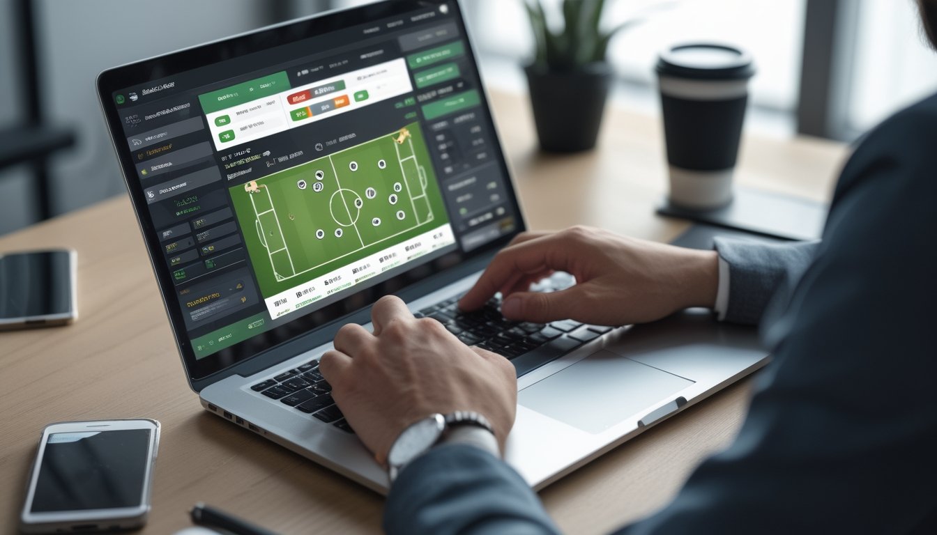 Seseorang sedang menggunakan laptop dengan tampilan platform taruhan bola online, menunjukkan pilihan taruhan 1X2 dan statistik pencetak gol terakhir.