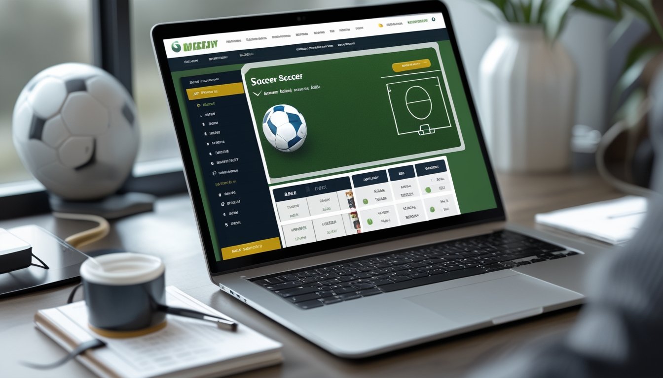 Seorang pria menggunakan laptop dan ponsel untuk memasang taruhan bola online dengan latar belakang bola sepak dan alat tulis di meja.
