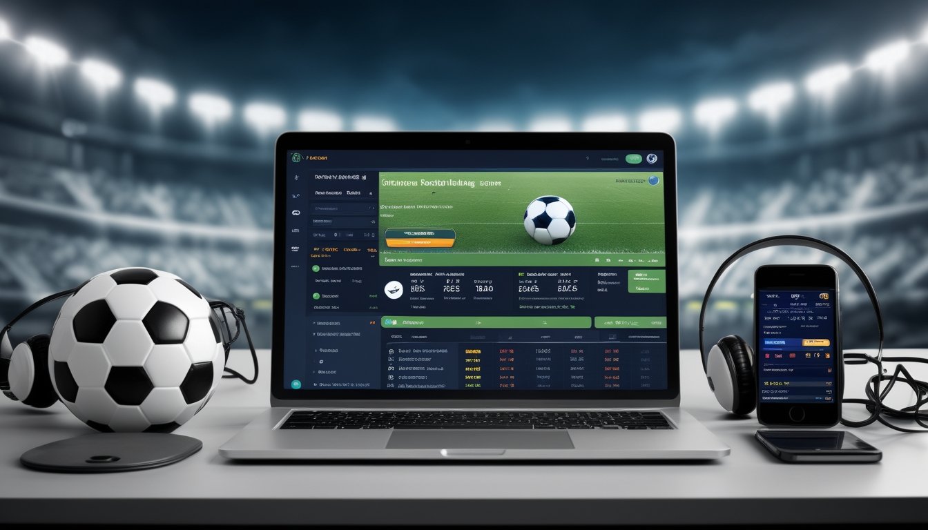 Seorang pengguna duduk di depan laptop dengan tampilan situs taruhan sepak bola online, di meja terdapat bola sepak dan ponsel dengan aplikasi taruhan, latar belakang stadion sepak bola yang terang.
