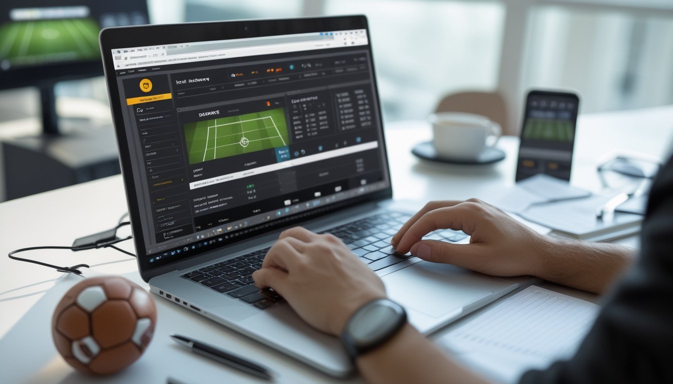 Seorang pria menggunakan laptop di meja kerja dengan layar menampilkan situs taruhan sepak bola, dikelilingi bola kecil dan catatan taruhan.