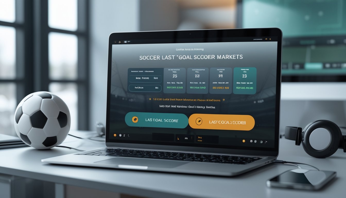 Seorang pria menggunakan komputer dengan tampilan situs taruhan bola online dan bola sepak di meja.