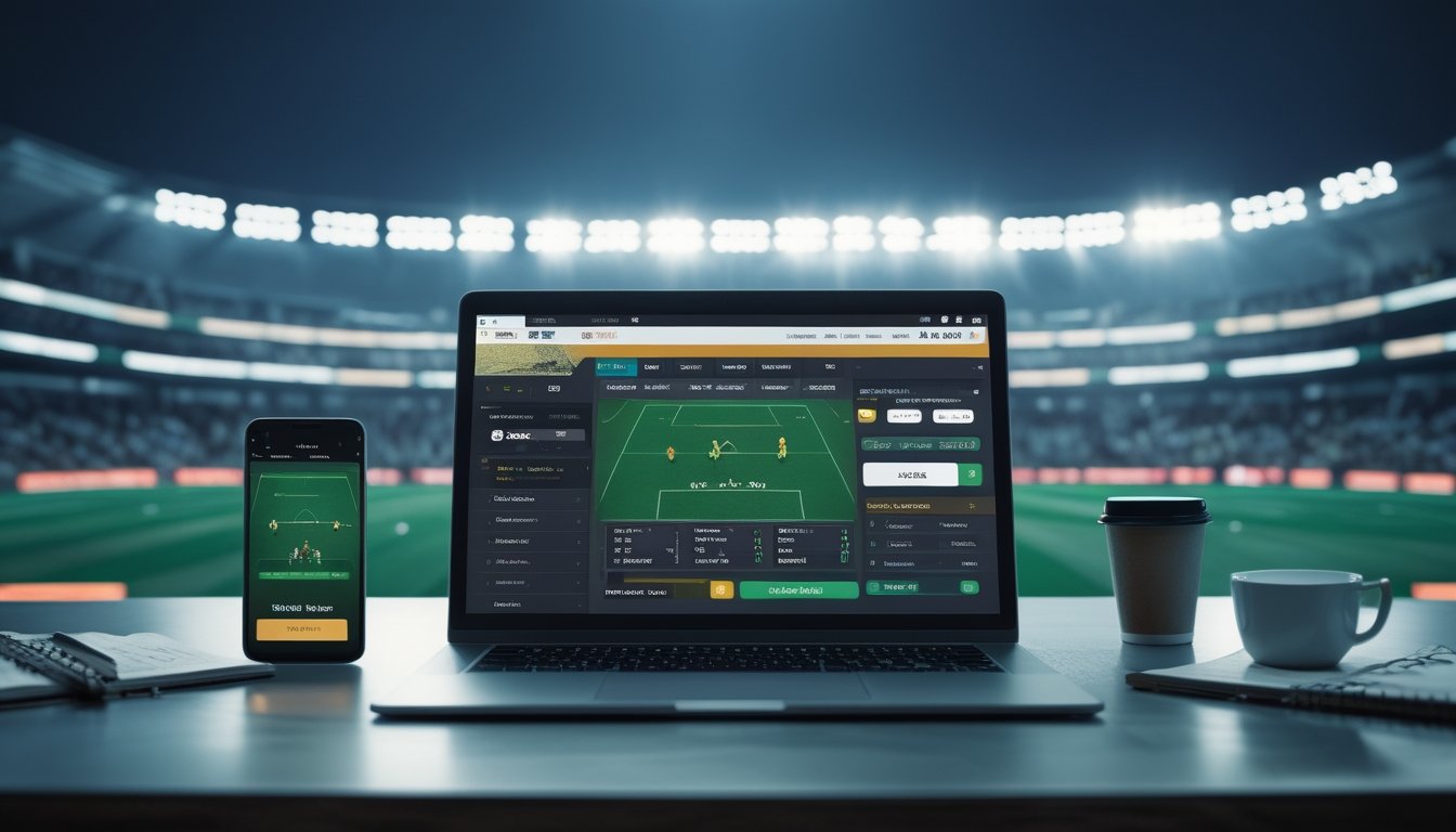 Seorang pengguna bekerja dengan laptop yang menampilkan pertandingan sepak bola dan aplikasi taruhan, dengan latar belakang stadion sepak bola yang ramai.