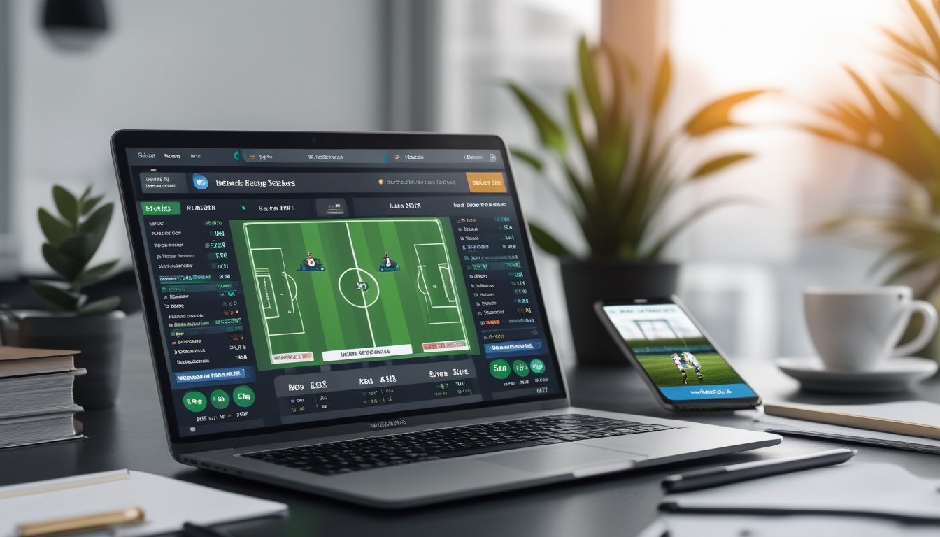 Seorang pria sedang bekerja dengan laptop yang menampilkan statistik pertandingan sepak bola dan strategi taruhan di meja kerja.