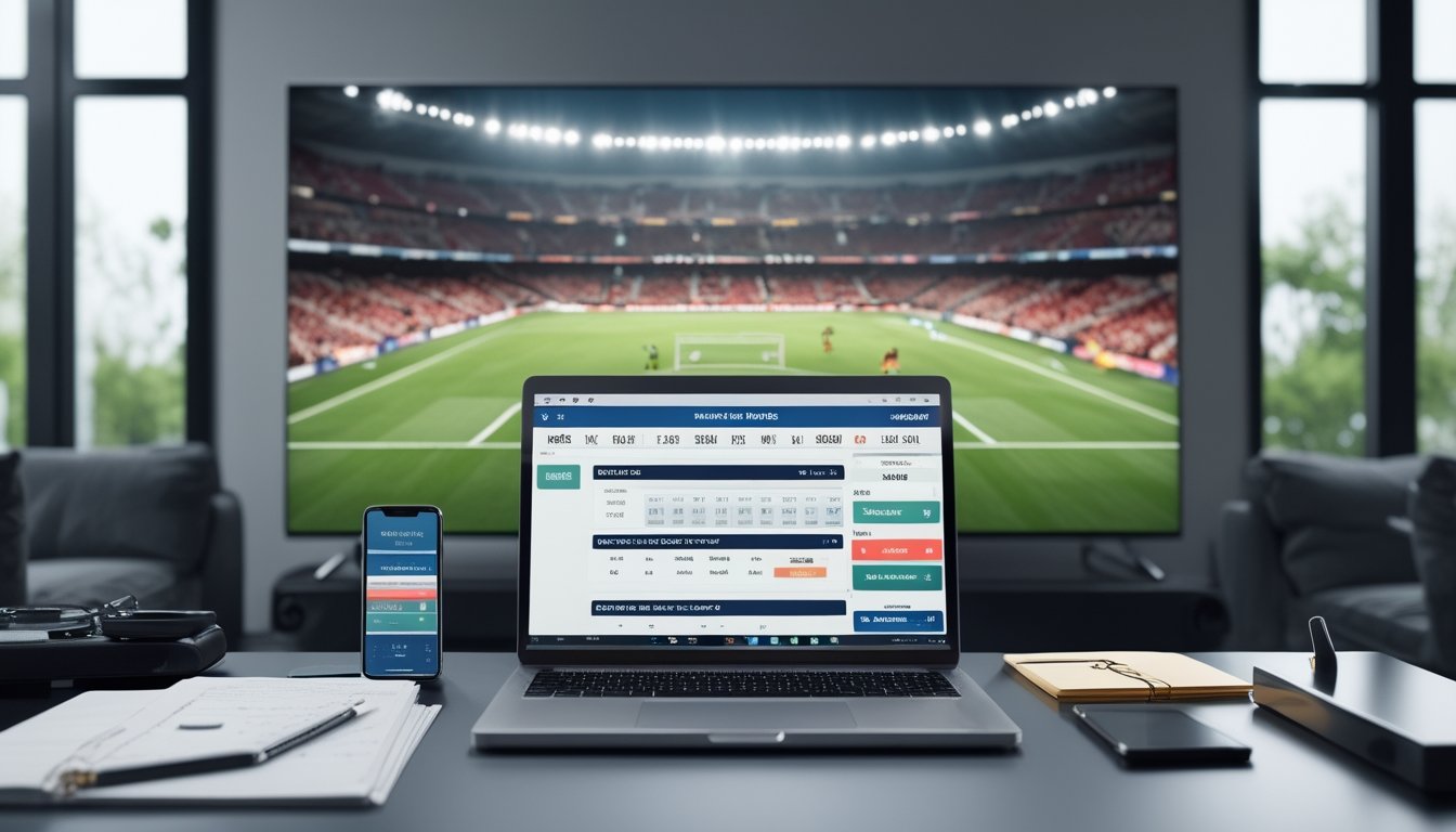 Meja kerja dengan laptop yang menampilkan antarmuka taruhan sepak bola 1X2 dan statistik pencetak gol terakhir, dengan televisi yang menayangkan pertandingan sepak bola di latar belakang.