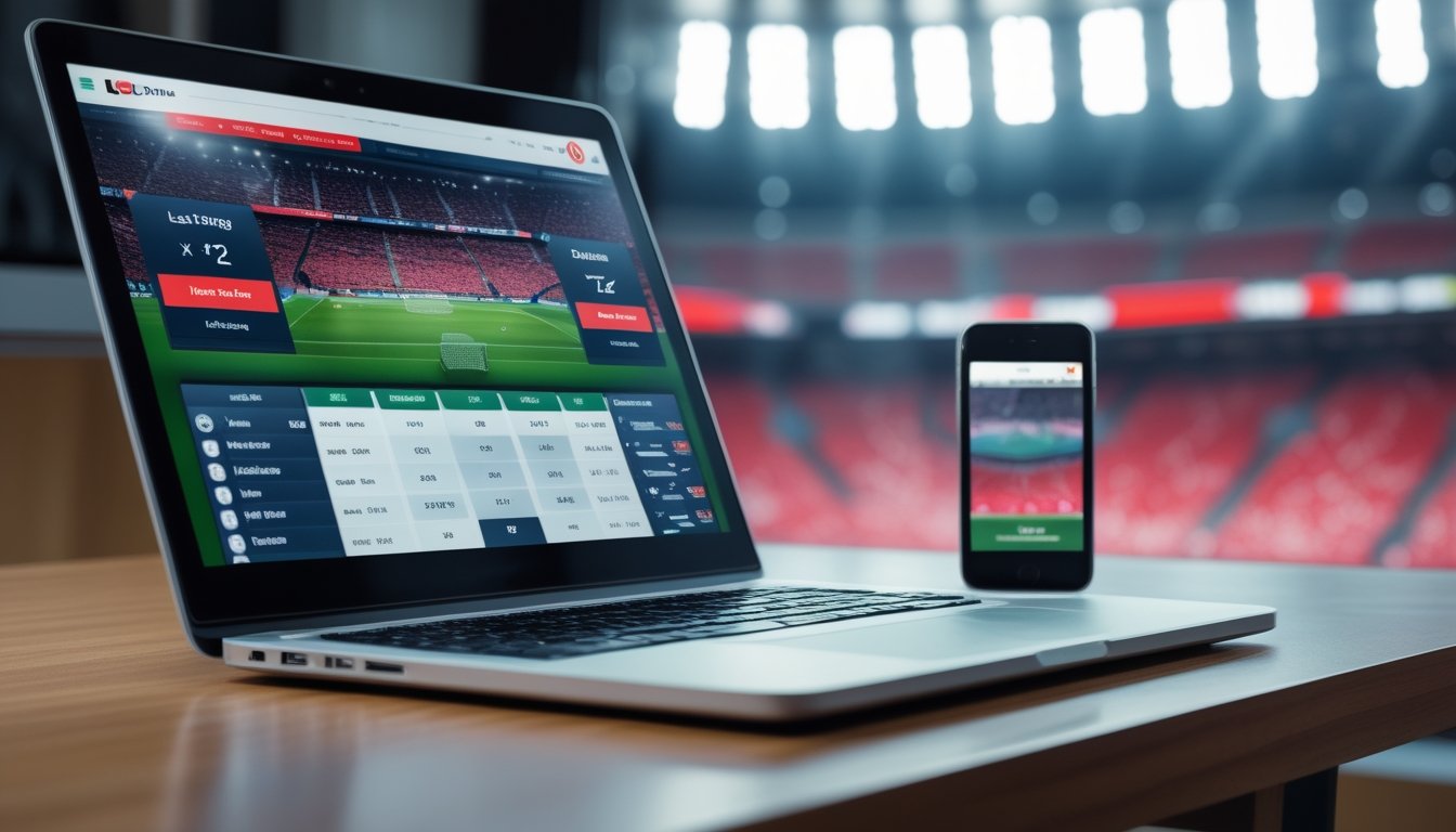 antarmuka taruhan bola online dengan pilihan taruhan 1X2 dan pencetak gol terakhir ditampilkan di layar laptop dan ponsel di meja kerja dengan latar belakang stadion sepak bola.