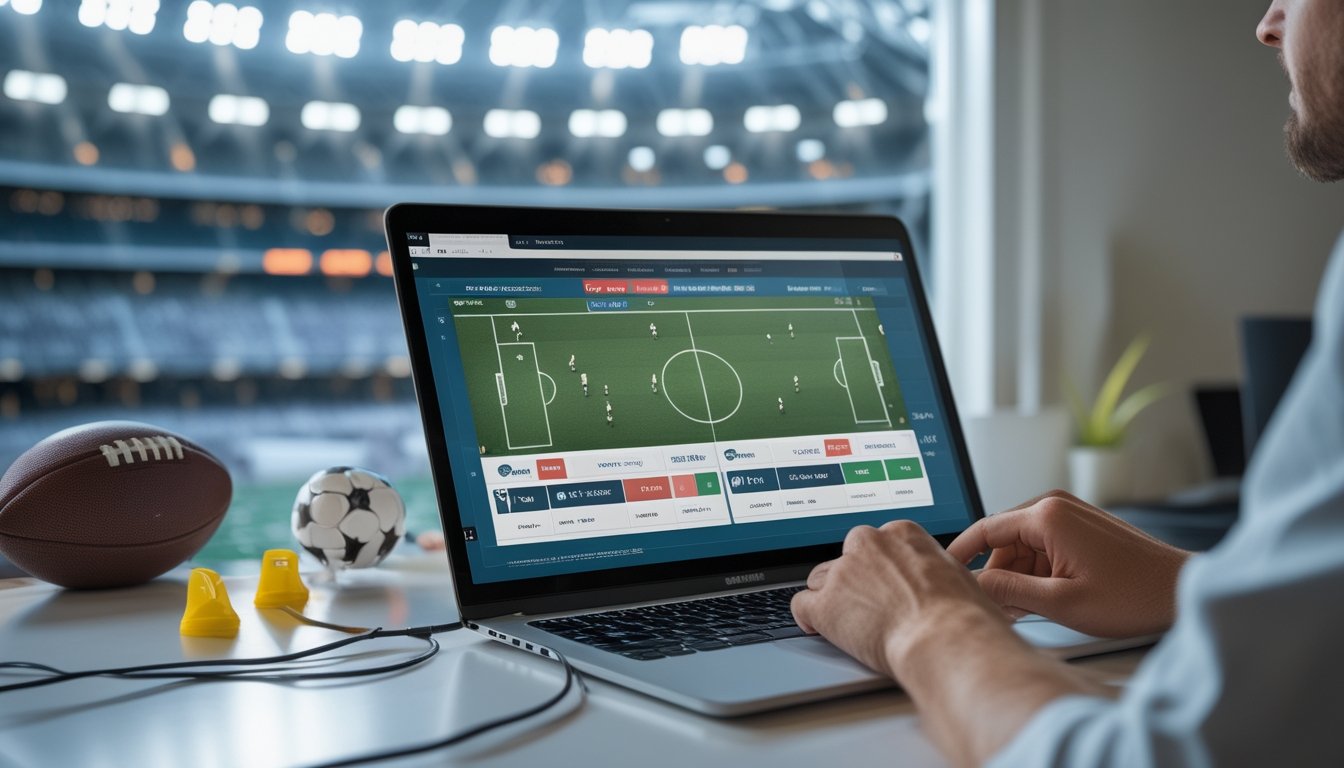 Seseorang menggunakan komputer dengan tampilan situs taruhan sepak bola online, dengan bola dan stadion di latar belakang.