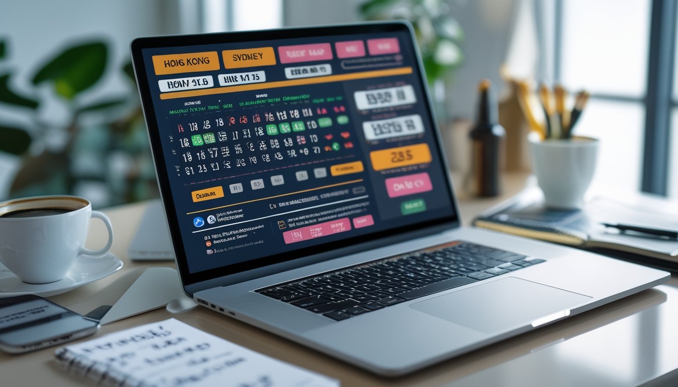 Seorang profesional bekerja di depan laptop dengan tampilan antarmuka taruhan togel online, dikelilingi oleh smartphone, secangkir kopi, dan catatan di meja kantor yang terang.