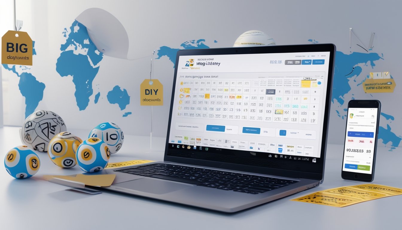 Meja kerja modern dengan laptop menampilkan angka togel dan grafik, bola togel, serta ponsel dengan aplikasi taruhan, latar belakang peta dunia menyoroti Hong Kong dan Sydney.