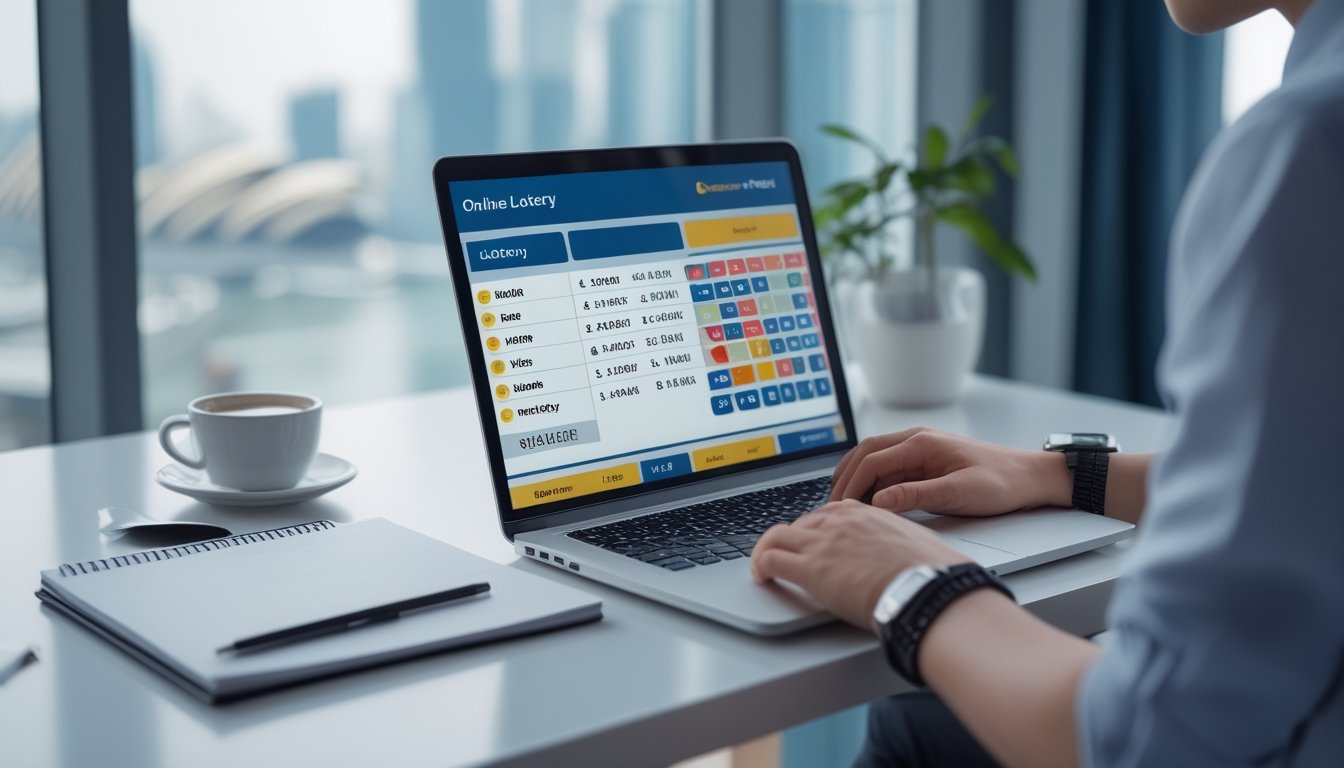 Seseorang menggunakan laptop di meja kerja dengan latar belakang kota Hong Kong dan Sydney yang samar, menunjukkan aktivitas taruhan togel online.
